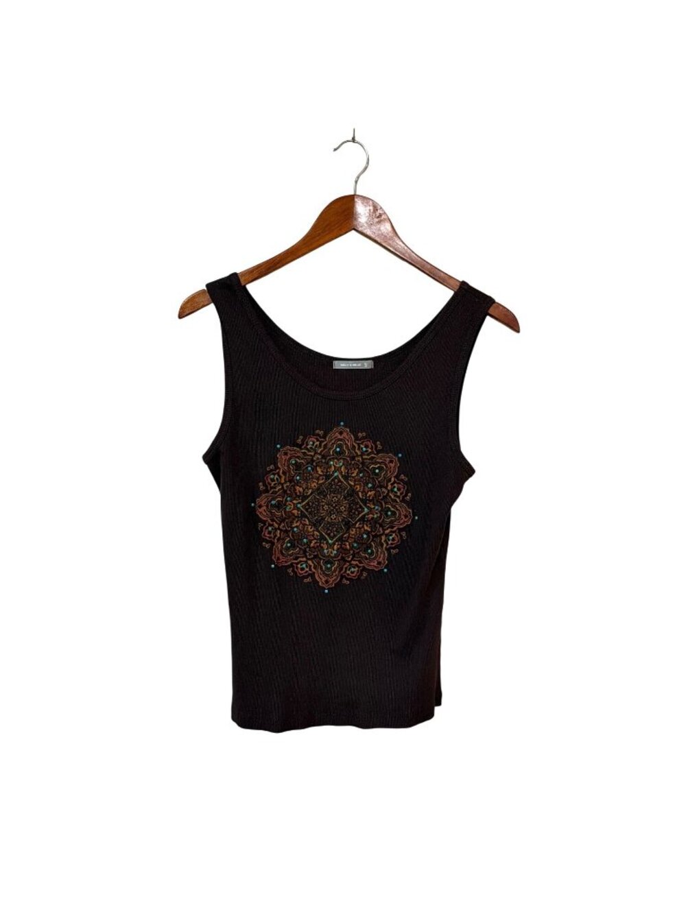 Vtg Brown Tank Top XL Beaded Mandala Design Hippie Boho Festival‎ Yoga Retreat